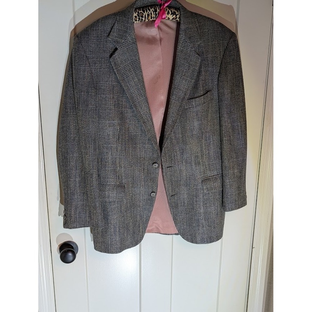 Orvis Men's 40R Silk Wool Blend Sport Coat Blazer Glen Plaid Grey Mauve Lining